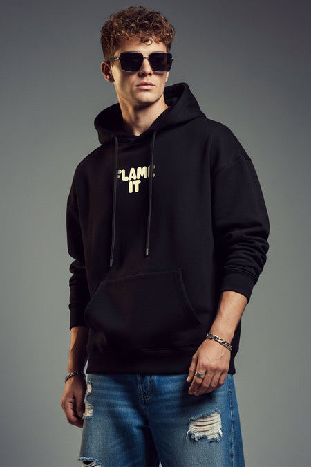 Zarel Drop The Heat Black Oversized Printed Hoodie